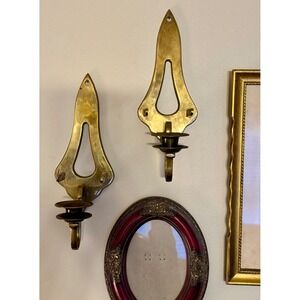 Vintage Solid Brass Wall Sconce Candle Holders Set 2 Gold Teardrop MCM Cottage